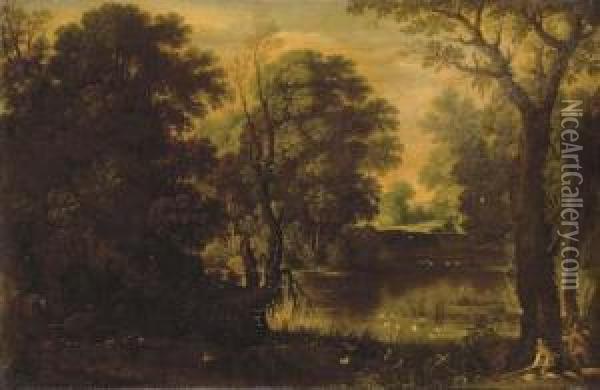 An Extensive River Landscape With Sportsmen Shooting Duck Oil Painting - Marten Ryckaert