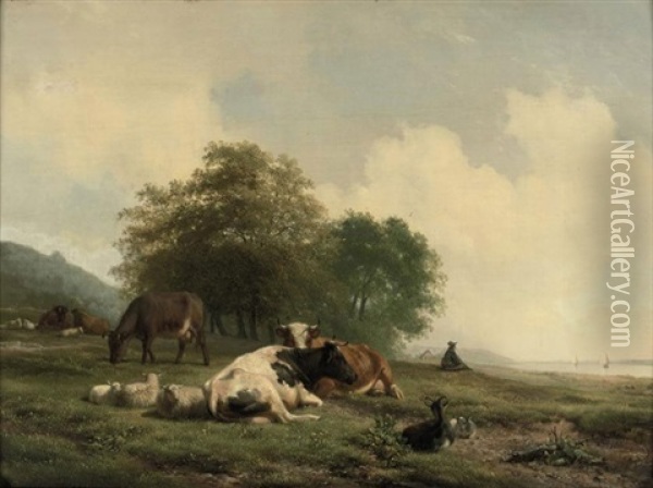 Cattle Resting On The River Bank Oil Painting - Hendrik van de Sande Bakhuyzen