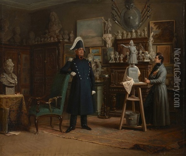 Le Marechal Lobau Posant Dans L'atelier De Jean-pierre Dantan Oil Painting - Edouard Henri Theophile Pingret