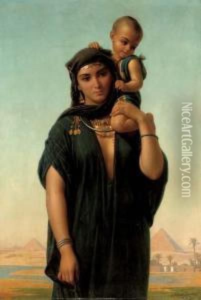 Mother And Child Before The Pyramids Oil Painting - Charles Emile Hippolyte Lecomte-Vernet
