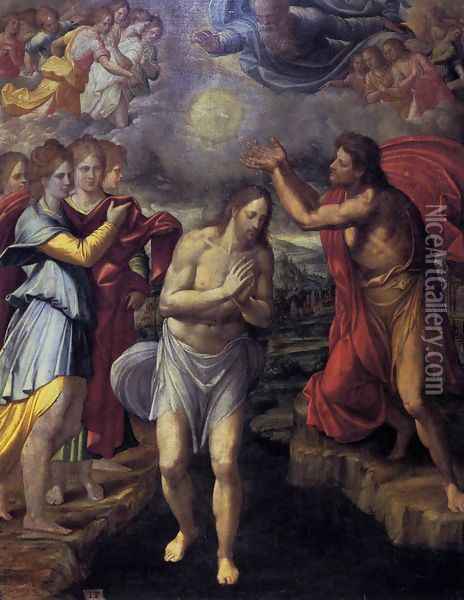Baptism of Christ c. 1568 Oil Painting - Juan Fernandez de Navarrete