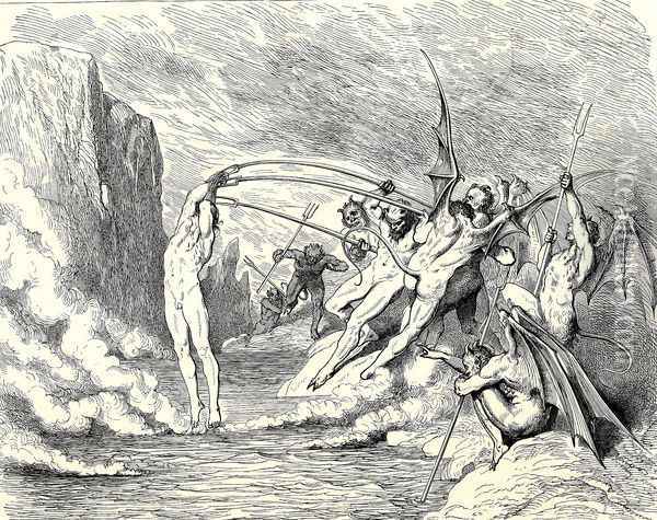 The Inferno, Canto 21, lines 50-51: This said, They grappled him with more than hundred hooks Oil Painting - Gustave Dore