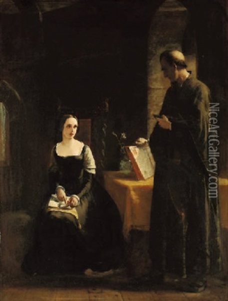 The Controversy Between Lady Jane Grey And Feckenham, Who Was Sent To Her From The Queen Two Days Before Her Death To Convert Her To Romanism... Oil Painting - James Clarke Hook