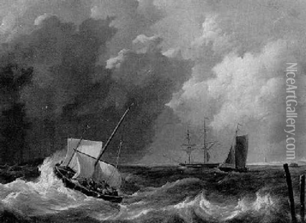 Fischerboote Und Segelschiffe Auf Bewegter See In Kuestennaehe Oil Painting - Johannes Christiaan Schotel