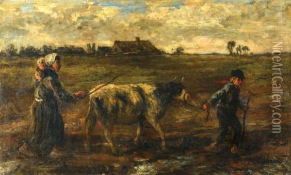 Children And Cow In The Field Oil Painting - Jozef Israels