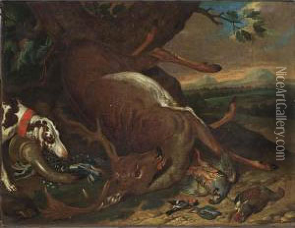 A Hunting Still Life Of A Stag, A
 Partridge, A Pheasant, A Kingfisher And A Bullfinch, Together With A 
Sporting-dog And A Hunting Horn, All In A Landscape Setting Oil Painting - Ferdinand Phillip de Hamilton