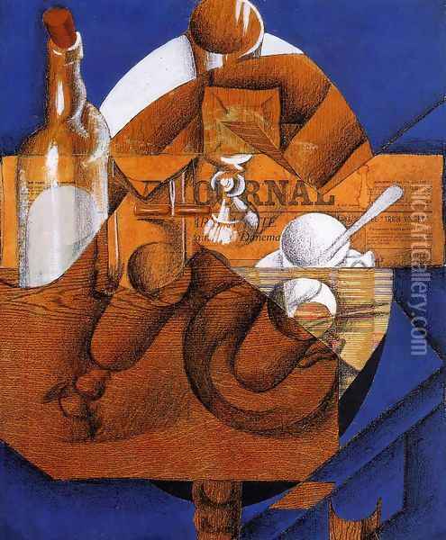 Glass, Cup and Bottle Oil Painting - Juan Gris