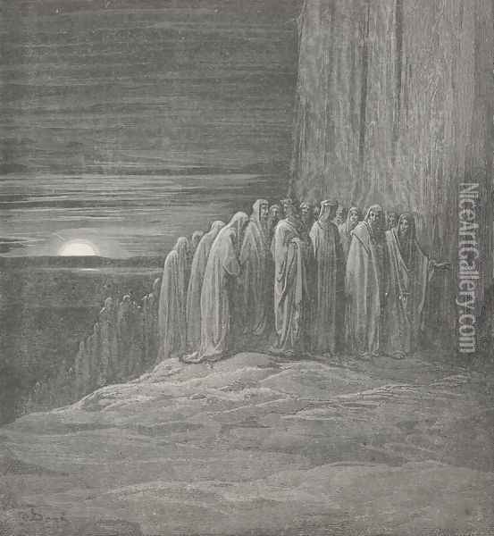 Soon they o'ertook us; with such swiftness mov'd The mighty crowd. (Canto XVIII., lines 98-99) Oil Painting - Gustave Dore