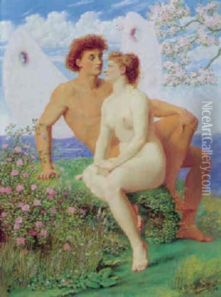 Amor Og Psyke I Blomsterne Bjeglandskab Oil Painting - Rudolf Blind