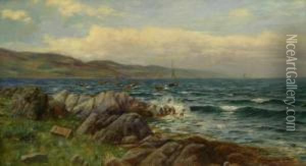 Coastal Scene With Fishing Boats At Anchor Oil Painting - John D. Taylor