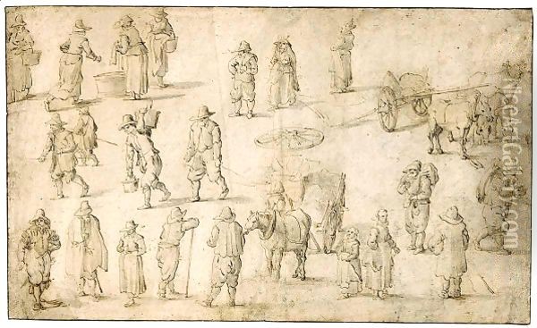 Sheet Of Studies Of Peasants, Horses And Carts Oil Painting - Pieter Gijsels