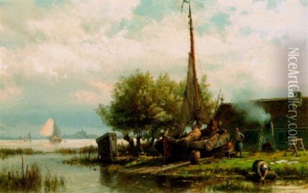 A Shipyard Oil Painting - Hermanus Koekkoek the Elder