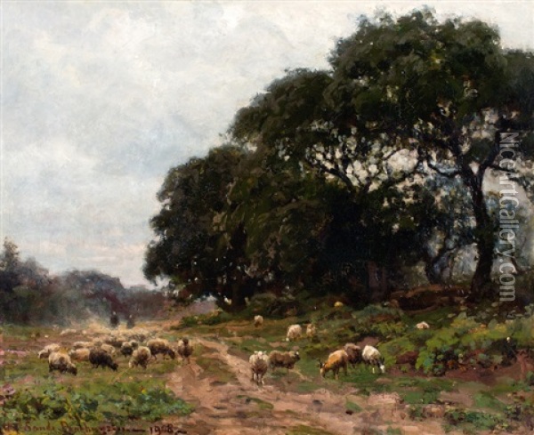 Heidelandschap Met Herder En Schaapskudde Oil Painting - Julius Jacobus Van De Sande Bakhuyzen
