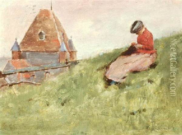 On The Cliff, A Girl Sewing, 1887 Oil Painting - Theodore Robinson