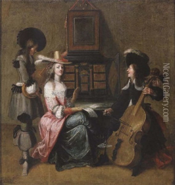 An Elegant Lady With Two Musicians In An Interior Oil Painting - Hieronymous (Den Danser) Janssens