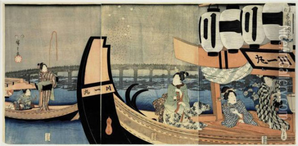 Toto Ryogokubashi Noryo Hanabi 
No Zu Woodcut Triptych Of Beauties In Pleasure Boats Enjoying The 
Summer Evening On The Sumida River Below Ryogoku Bridge In Edo, The Prow Oil Painting - Utagawa or Ando Hiroshige
