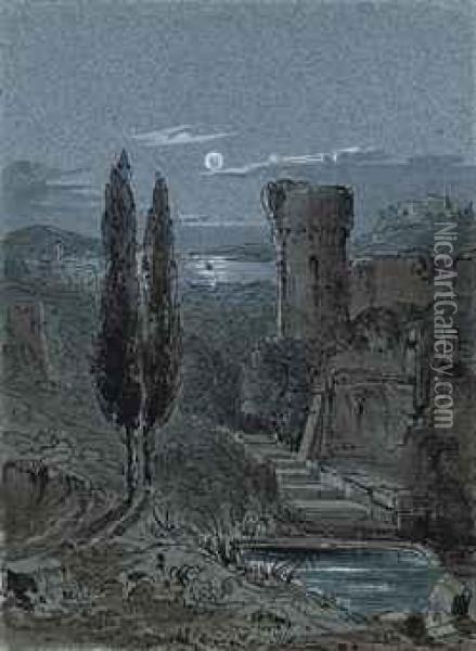 An Italianate Castle In The Moonlight Oil Painting - Lady Julia Isabella Gordon