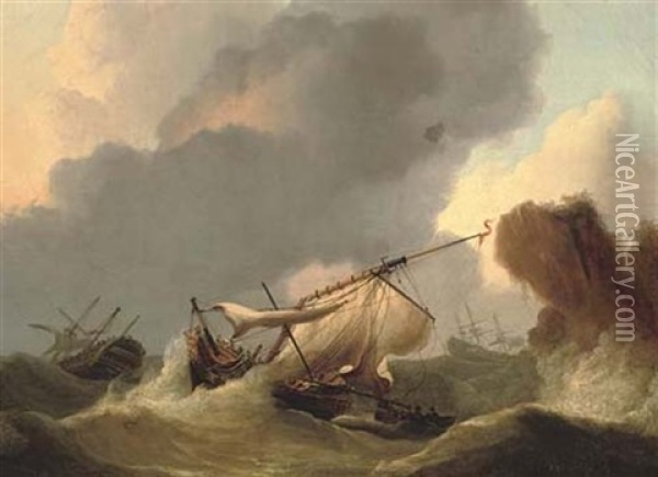 Ships In Distress Off A Rocky Headland Oil Painting - Francis Sartorius the Younger
