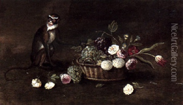 A Still Life Of A Basket Of Fruit And Flowers And A Monkey Oil Painting - Jan van Kessel the Elder