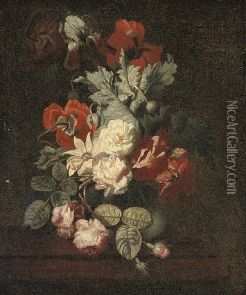 Roses, Poppies, An Iris And Other Flowers In A Vase On A Ledge Oil Painting - Elias van den Broeck