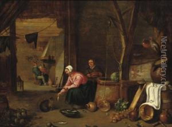 A Barn Interior With A Peasant 
Woman Feeding Fish To A Cat Near A Well, Figures Near A Stove In The 
Background Oil Painting - Quiringh Gerritsz. van Brekelenkam