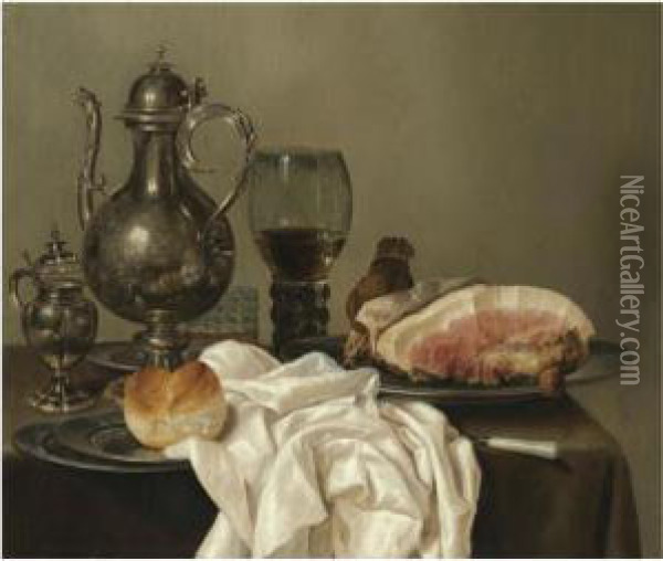 A Still Life With A Silver 
Tazza, A Silver Pot, A Roemer With Whitewine, A Glass With Beer, Four 
Pewter Plates With A Bread Roll And Ashoulder Of Ham, All On A Green 
Table Cloth Oil Painting - Willem Claesz. Heda