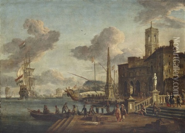 A Mediterranean Harbour Scene With Figures In Oriental Dress, Shipping Beyond Oil Painting - Jacobus Storck