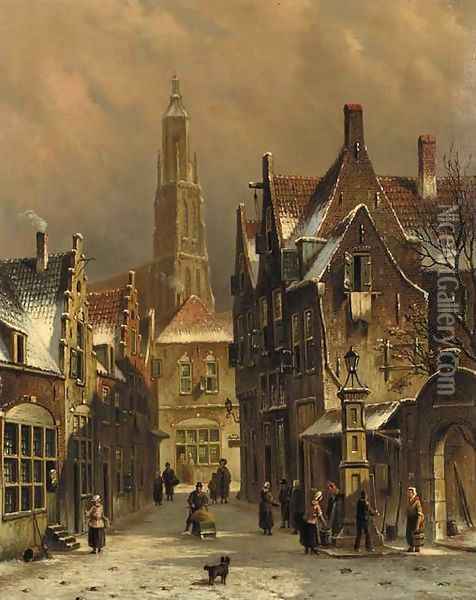 Numerous townsfolk in a city in winter Oil Painting - Oene Romkes De Jongh