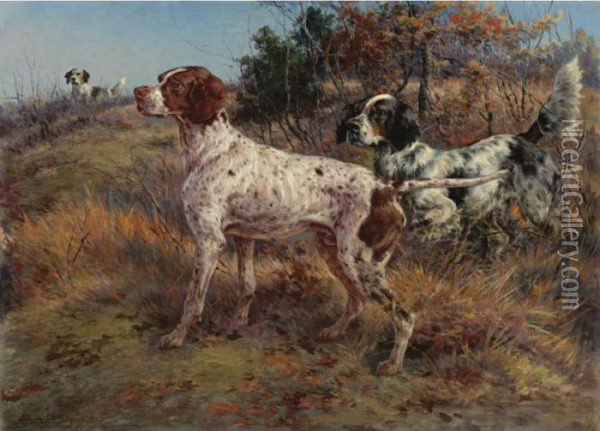A Pointer And Two English Setters Oil Painting - Edmund Henry Osthaus