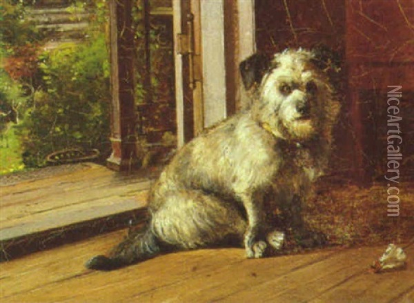 Hund I En Dorabning, I Baggrunden Haveparti Med Aesel Oil Painting - Valdemar Henrik Nicolaj Irminger
