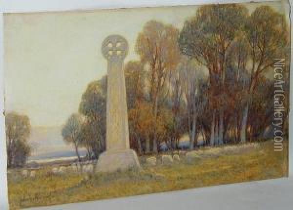 Sheep Grazing By A Celtic Cross Oil Painting - John Fullwood
