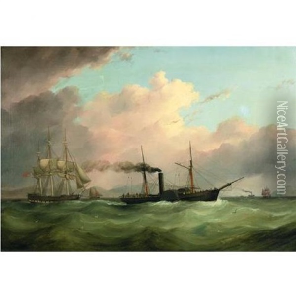 A British Paddle Steamer Towing A Becalmed Sailing Ship Out Of Danger Oil Painting - Joseph Heard