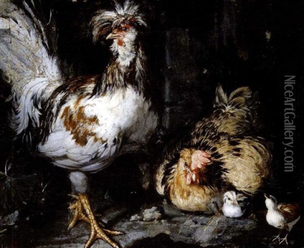 Un Gallo E Due Galline (+ Un Gallo, Una Gallina E Due Pulcini; Pair) Oil Painting - Giovanni Agostino (Abate) Cassana