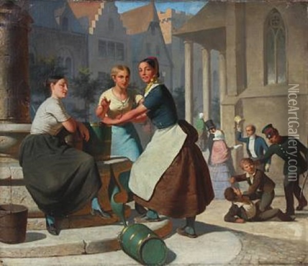 Three Young Women At The Well In The Town Square Oil Painting - Richard Edmund Flatters