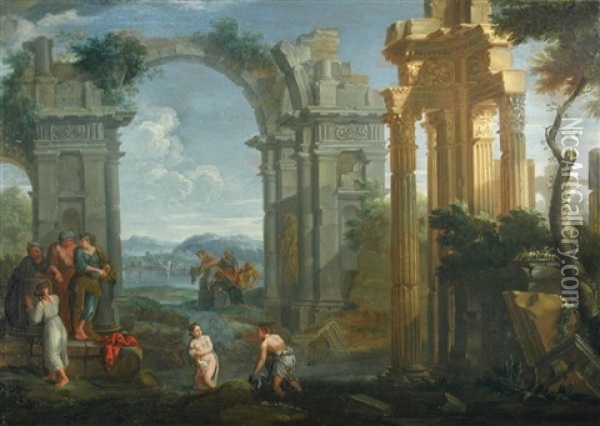 A Classical Capriccio With Maidens Bathing In A River Amidst Classical Ruins Oil Painting - Francis Harding