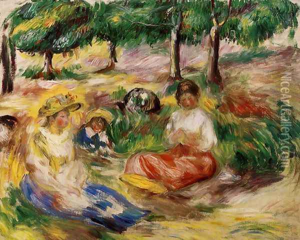 Three Young Girls Sitting In The Grass Oil Painting - Pierre Auguste Renoir