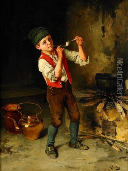 Pojke Med Kritpipa Vid Harden Oil Painting - August Jernberg