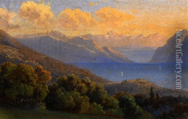 Sommerliche Alpenlandschaft Mit See Und Kirchdorf Oil Painting - Albert Kappis