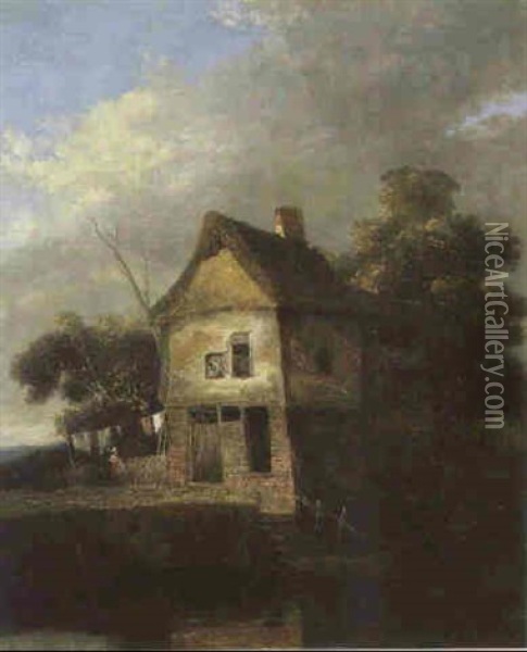 A Figure By A Riverside Cottage Oil Painting - John Crome the Elder