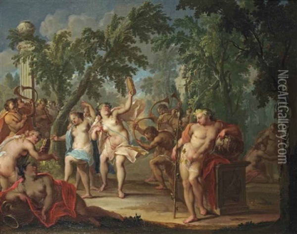 A Bacchanal In A Wooded Landscape With Nymphs Dancing And Satyrs Blowing Horns Oil Painting - Johann Heinrich Keller