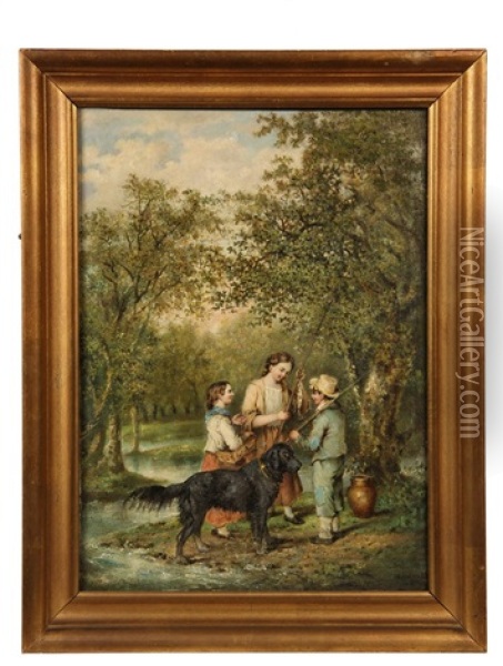 Southern Country Genre Scene Of Young Fishermen Comparing Catches, Their Dog In Foreground Oil Painting - William Garl Brown