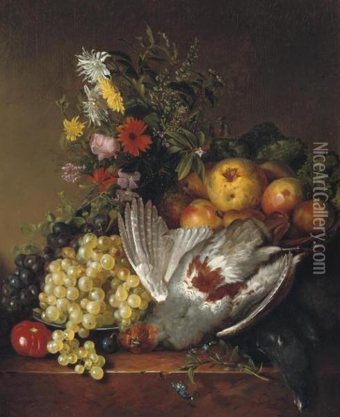 Poultry, Fruit And Flowers On A Ledge Oil Painting - Johannes Jun Reekers