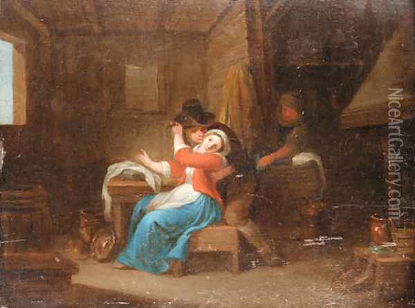 Peasants carousing in an Interior Oil Painting - Dutch School