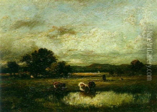 A Pastoral Landscape With Cows Watering At A Pond In The Foreground Oil Painting - Jules Dupre