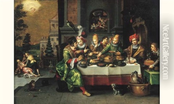 Scene De Banquet : Lazare Et Le Mauvais Riche Oil Painting - Gaspar van den Hoecke