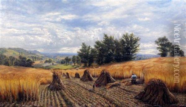 Extensive Summer Landscape With Harvest Field, Corn Stooks And Farm Worker Oil Painting - Alfred Augustus Glendening