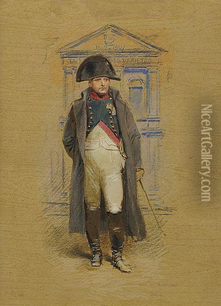 L'empereur Napoleon Ier En Uniforme De Chasseurs A Cheval Devant Letheatre De Varietes. Oil Painting - Jean Baptiste Edouard Detaille