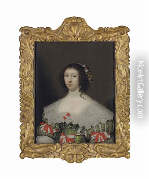 Portrait Of Elizabeth Campion (1614-1673), Half-length, In A Green Embroidered Dress With A Lace Collar And Red And White Bows Oil Painting - Cornelis Jonson Van Ceulen