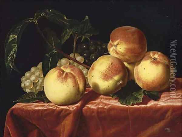 Peaches and grapes on a draped table Oil Painting - Paul Liegeois