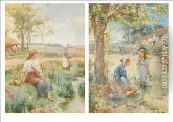 Young Mother And A Girl Picking Apples In An Orchard Oil Painting - Alfred I Glendening